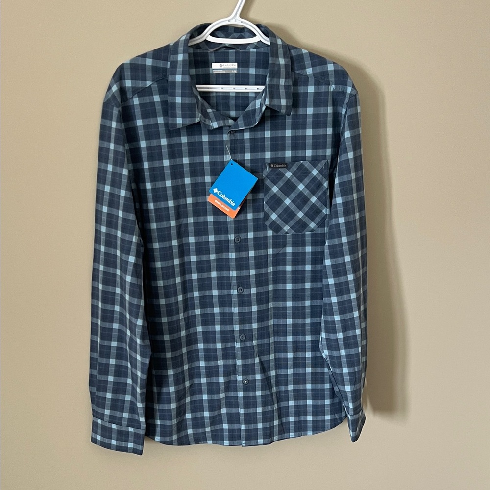 Columbia Men's Plaid Button-Down Long Sleeve Shirt NWT Omni-Shade  Blue/Grey Lrg